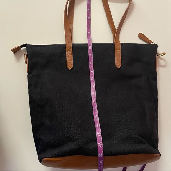 Forever 21 Black Canvas & Cognac Brown Faux Leather Tote Bag GUC - Picture 6 of 6